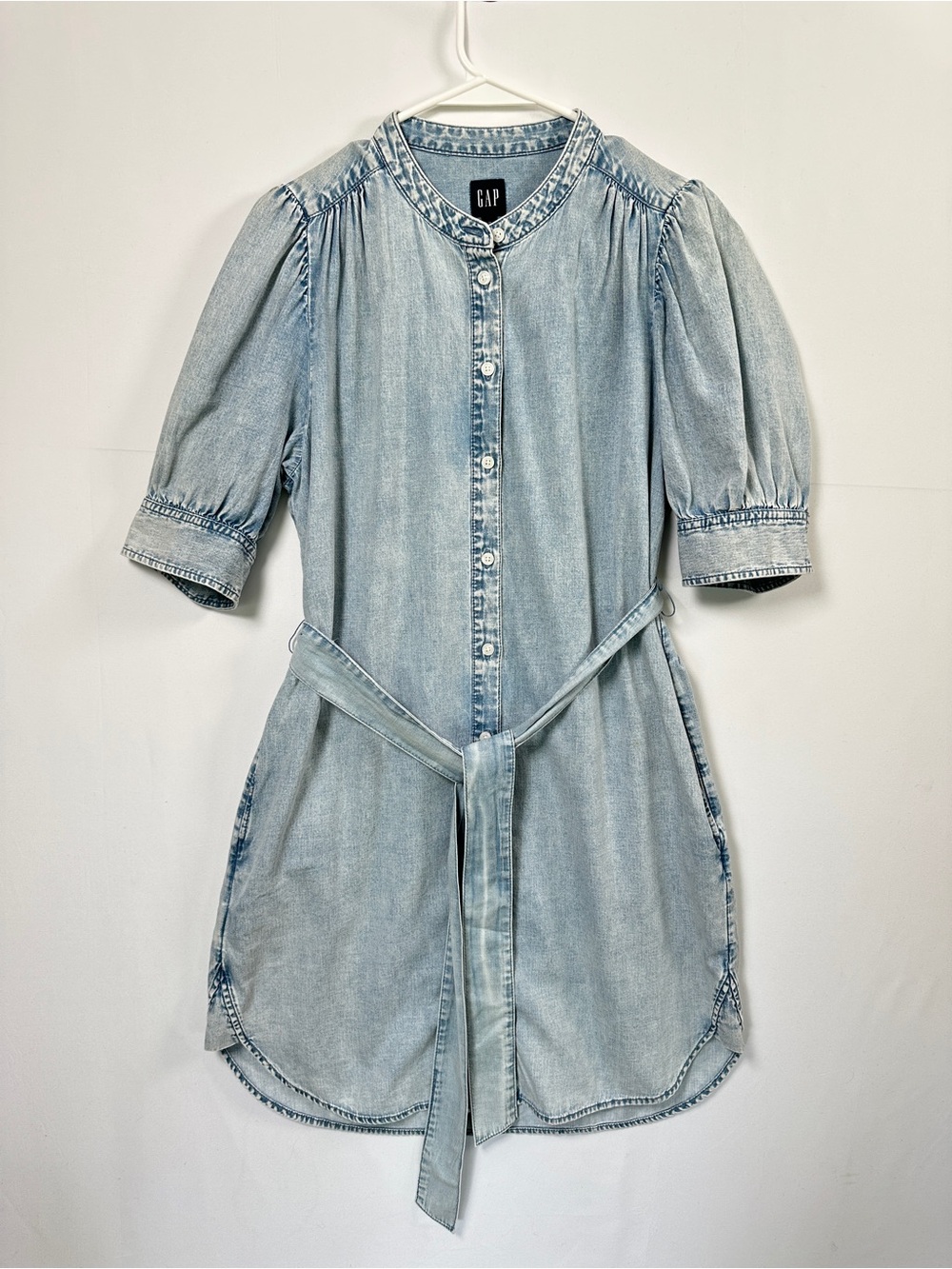 Gap Denim Shirt Dress Light Wash Puff Sleeve Belted Size M